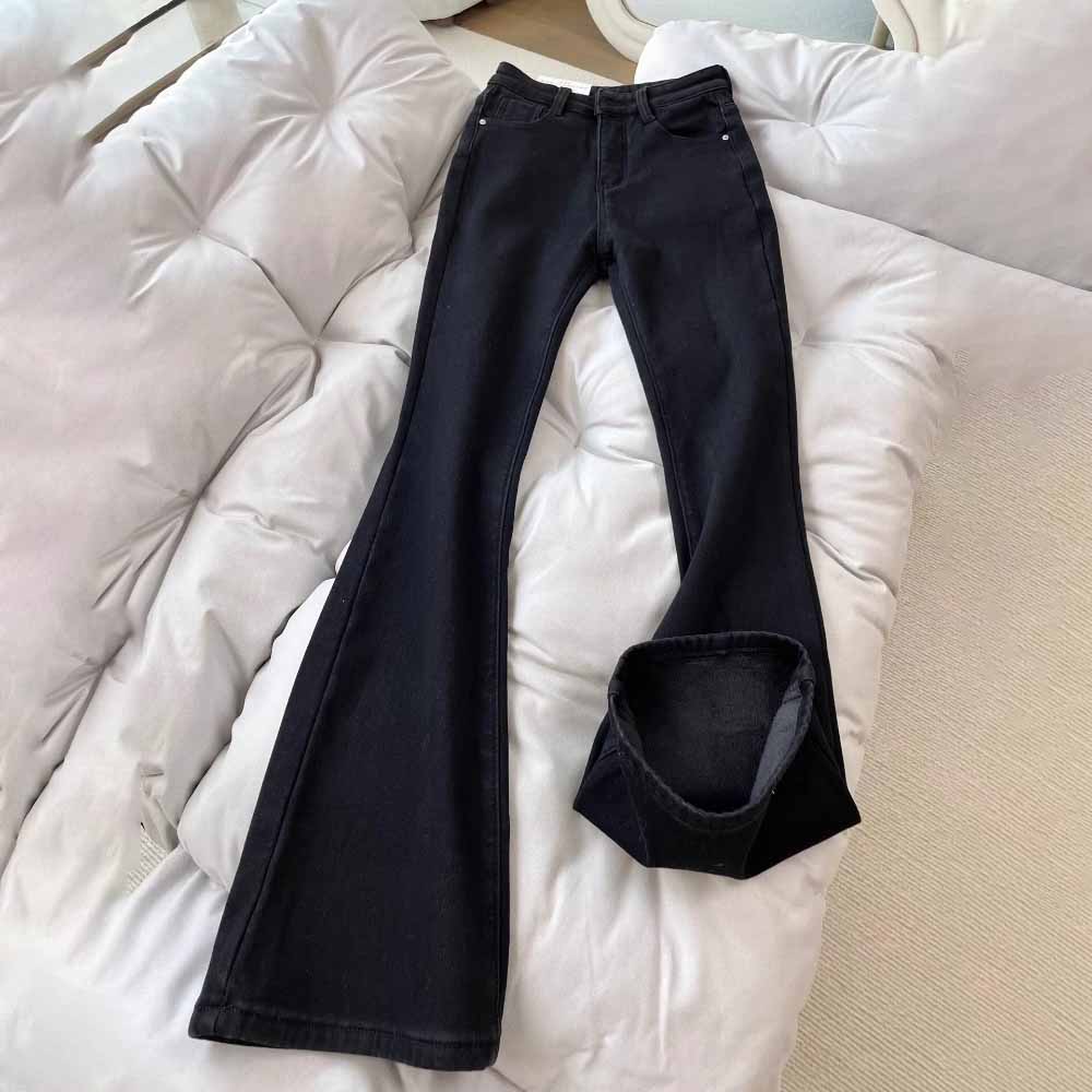 Fleece Lined Straight Leg Jeans Women Autumn Winter Plus Size High Waist Hip Wide Stretch Bootcut Horsehoof Pants