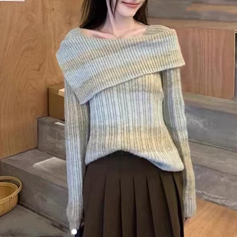 Women's Autumn 2025 One-Shoulder Knit Sweater with French Stripe Design, Long Sleeve Sweet-Spicy Style