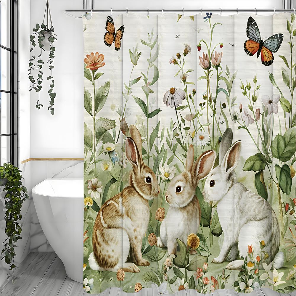 

Spring Cute Bunny Shower Curtain, Floral Butterfly Bathroom Decorative Shower Curtain, Waterproof Shower Curtain with Hooks 90*180cm
