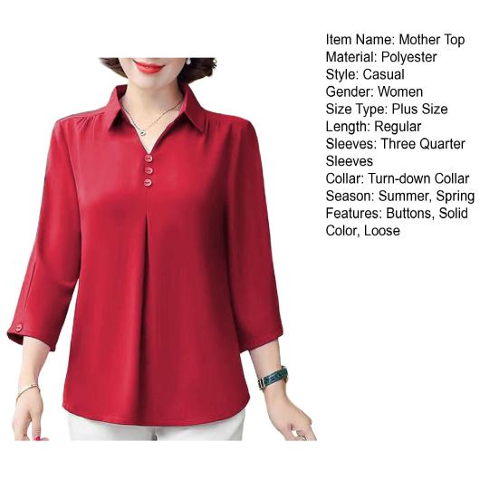 Mother Summer Top Turn-down Collar Buttons Solid Color Three-quarter Sleeves Pullover Match Pants Mid-aged Casual Plus Size Mom Spring T-shirt