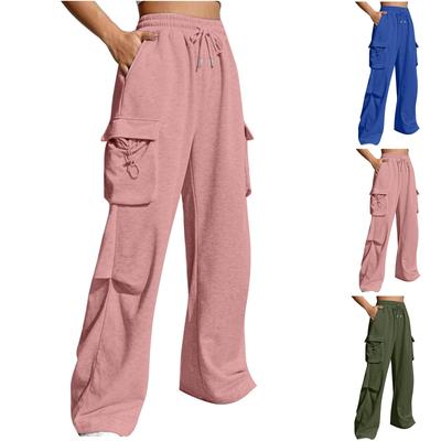 Women  Elastic High Waist Pant Casual Active  Fit Wide Leg Long Pants Trousers With Pockets