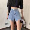 Pantolon Klasik ve Minimalist Moda Çok Yönlü Siyah Kadın Yaz Yırtık Delikli Yüksek Bel İnce Geniş Paça Pantolon Dışarıda Bir Kelime Denim Şort