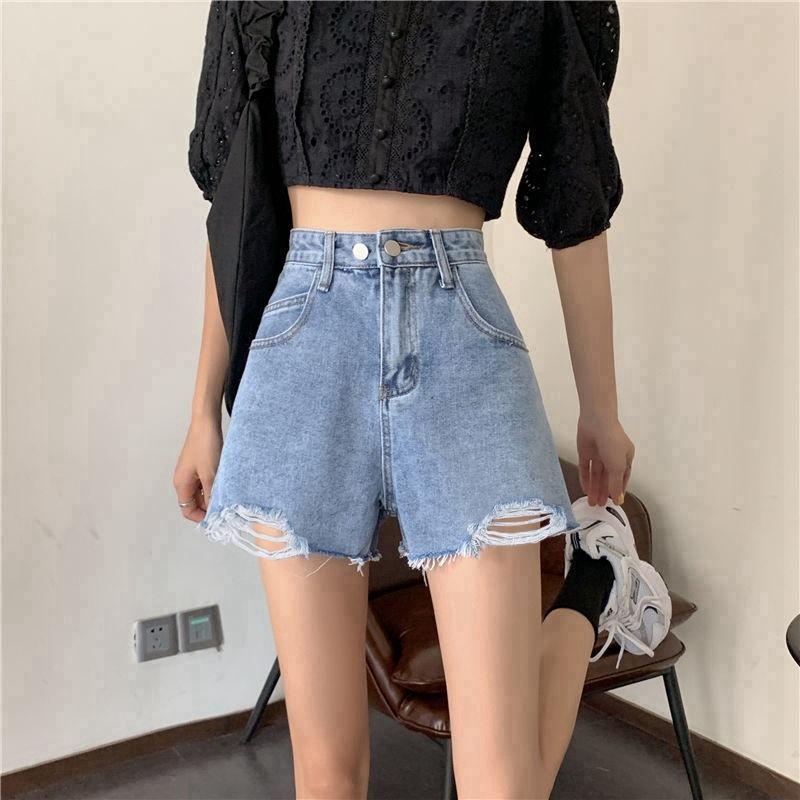 Pantolon Klasik ve Minimalist Moda Çok Yönlü Siyah Kadın Yaz Yırtık Delikli Yüksek Bel İnce Geniş Paça Pantolon Dışarıda Bir Kelime Denim Şort