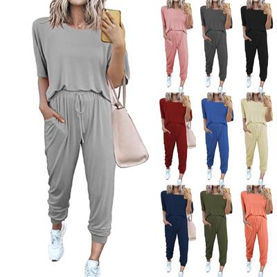 Women's Loose Round Neck Pullover Casual Short Sleeve Long Pants Fashion Suit