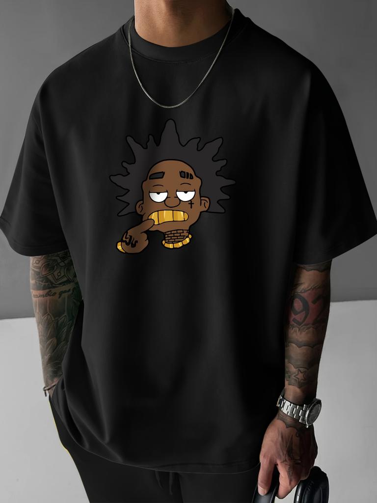 Summer Men's Cartoon Printed Casual Round Neck Short Sleeved 100% Pure Cotton Street Holiday High-quality Breathable T-shirt