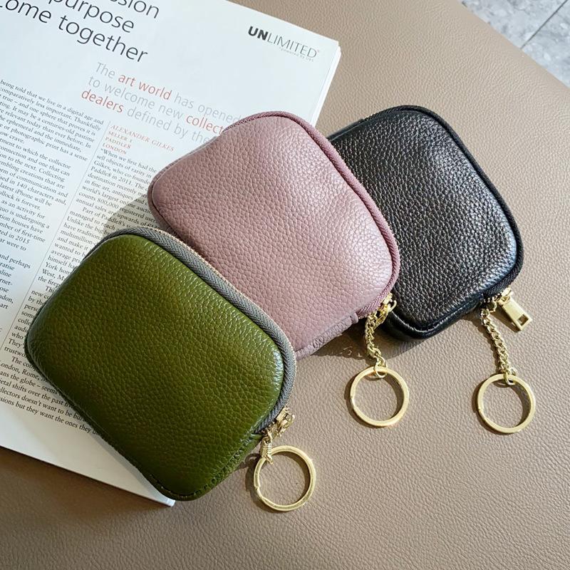 Real Leather Coin Purses Mini Women Wallets Natural Calfskin Female ID Credit Card Holders Keys Cosmetic Bags With Keychain