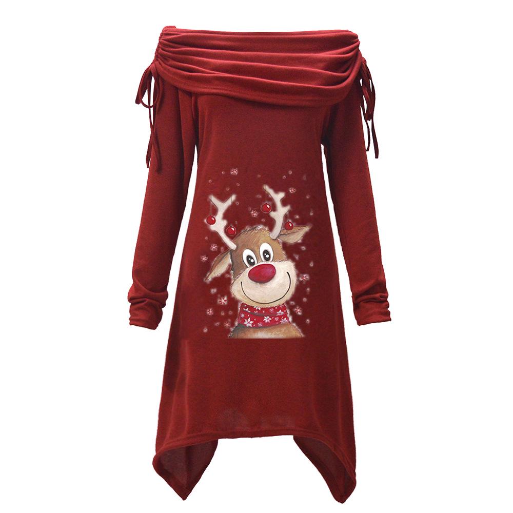 Women s Large Size Long Sleeve Christmas Elk Print Pleated Collar Pleated Irregular Long Tunic S красный