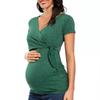 Black V-neck Short Sleeve Wrap Front Maternity Top with Side Tie Detail
