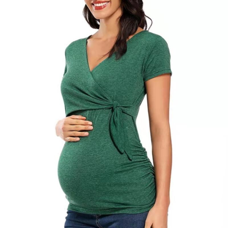 Black V-neck Short Sleeve Wrap Front Maternity Top with Side Tie Detail