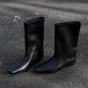 Long Women Boots Leather Small Square Head Wedge Mid Tube Boots Women's 2025 New Versatile Loose Tube Short Boots Woman