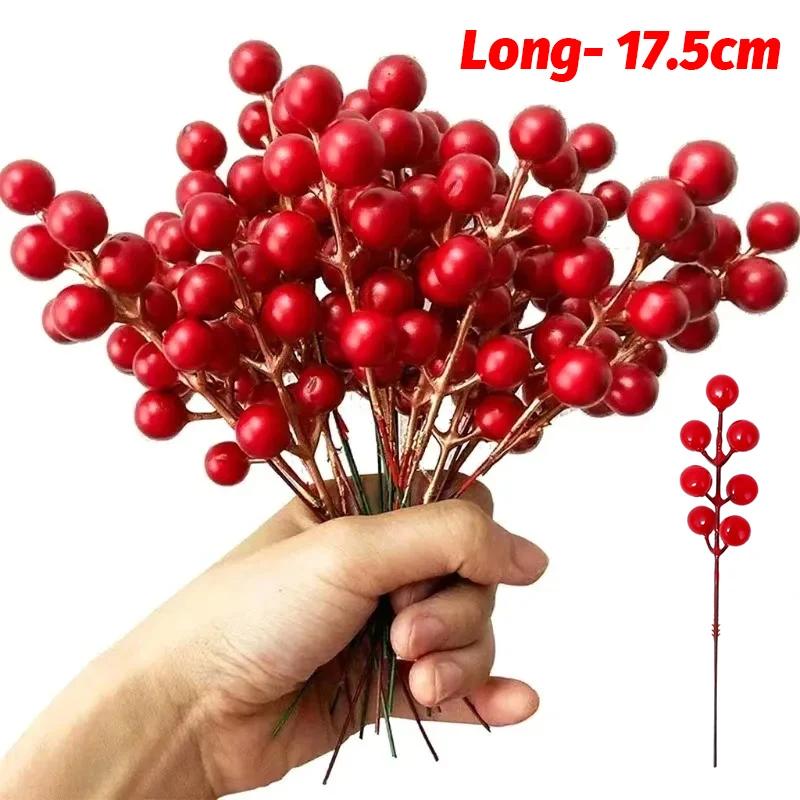 10/200pcs 7 Head Artificial Red Berries Stems Christmas Fake Holly Berry Flowers for Xmas Tree Ornaments DIY Wreath Party Decor