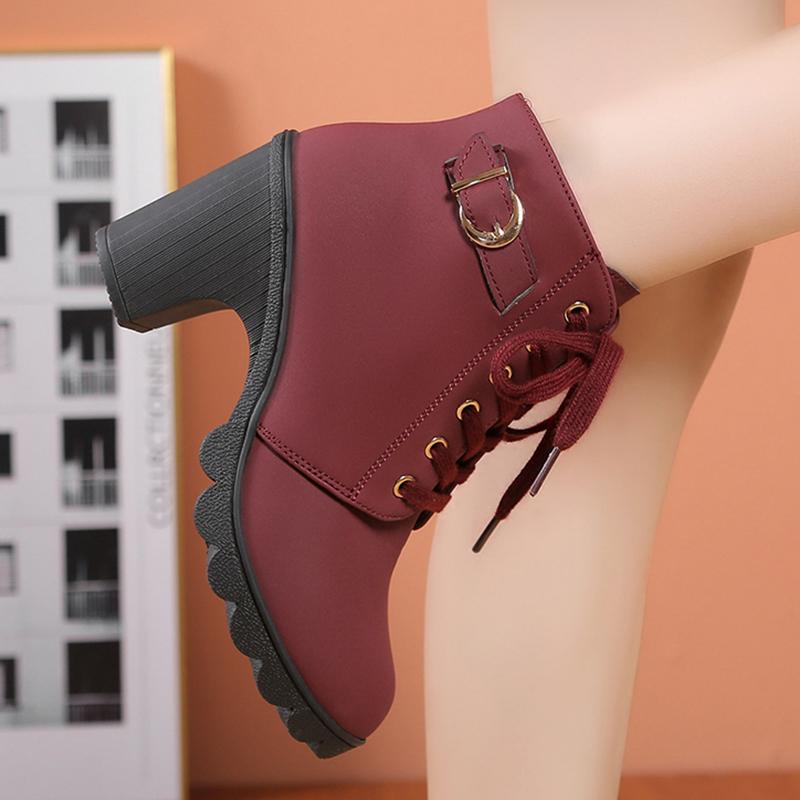 Mode Mode Schwarze Klobige Absatz Damen Stiefeletten 2024 Herbst Metalldekor Hohe Absätze Schuhe Frau Schnürung Plateau Stiefeletten Große Größe