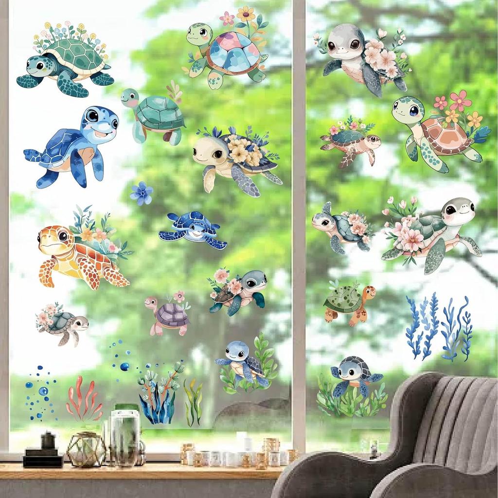 CRASPIRE 8 Sheets 8 Styles Turtle Window Sticker Self Adhesive Sea Grass Ocean Wall Decals Peel and Stick Clings PVC Waterproof Decor for Bedroom