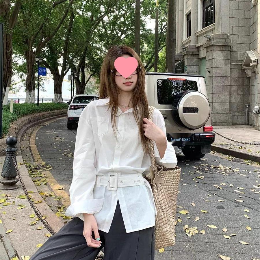 Kumikumi Women's Slim-Fit Long-Sleeve Polo Collar White Shirt for Spring