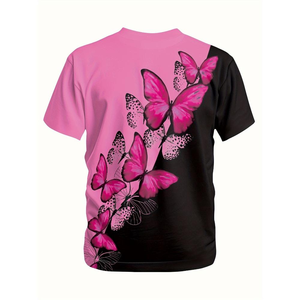 3D printed butterfly pattern girls' short-sleeved T-shirt, casual round neck, loose fit
