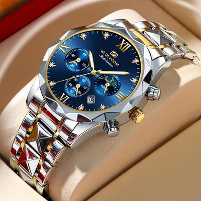 Reloj de hombre moderno, resistente al agua, con remaches, moderno, con incrustaciones de diamantes, cronógrafo luminoso, calendario, reloj de cuarzo multifuncional para hombre
