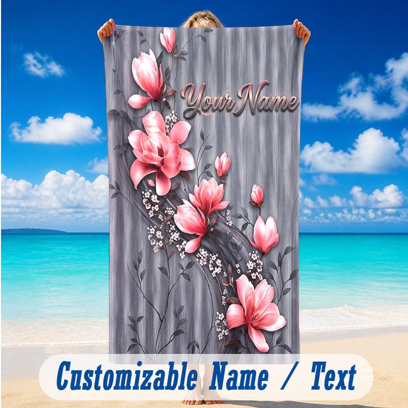 Floral Garden Theme Beach Towel Personalized Custom Name & Text Soft Quick Dry Beach Towel for Swimming Travel