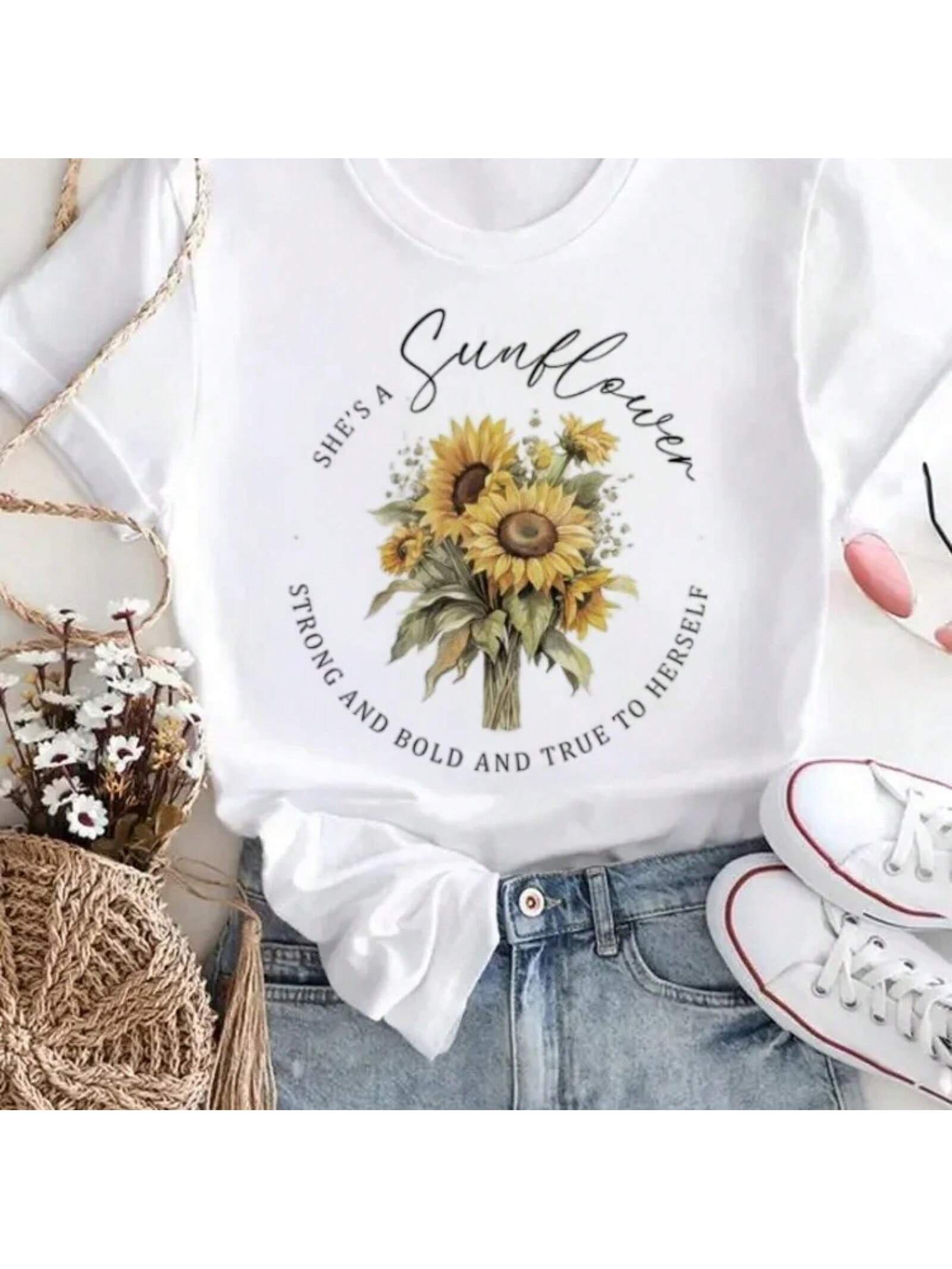 Watercolor Sunflower Pattern Printed 90s T-Shirt Top O-Neck Printed T-Shirt Short Sleeve Fashion Summer Wounisex s Pattern T-Shirt S разноцветный