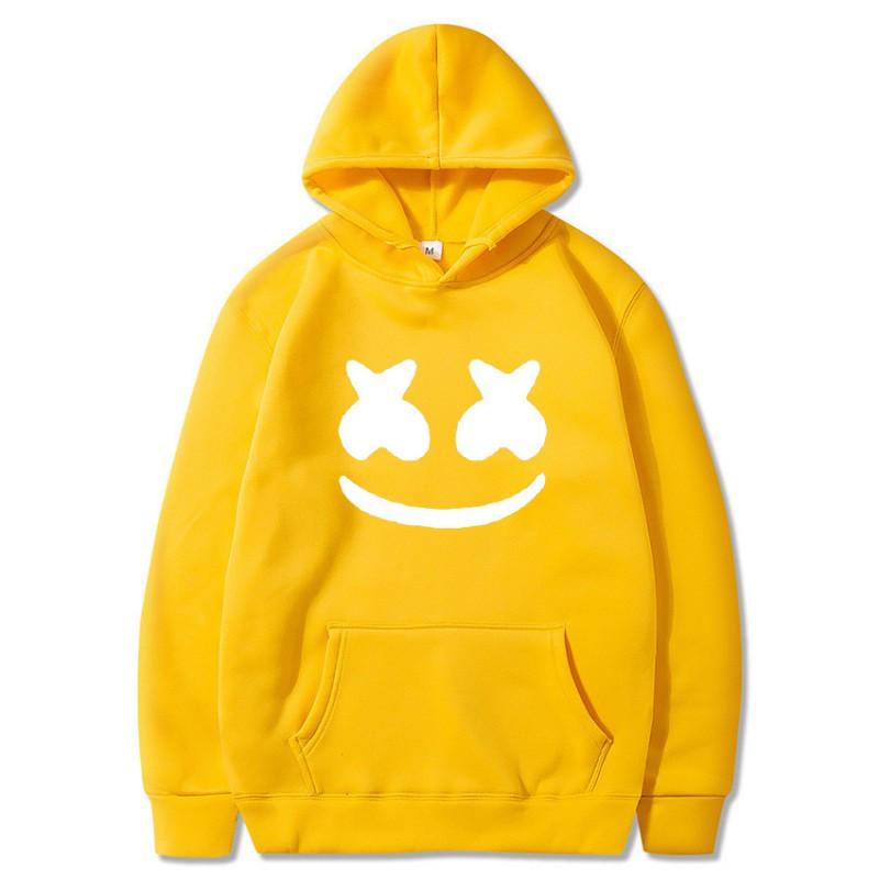 Mens Marshmello Smiley Face Hooded Sweatshirt Loose Fit Cotton Blend Winter Pullover