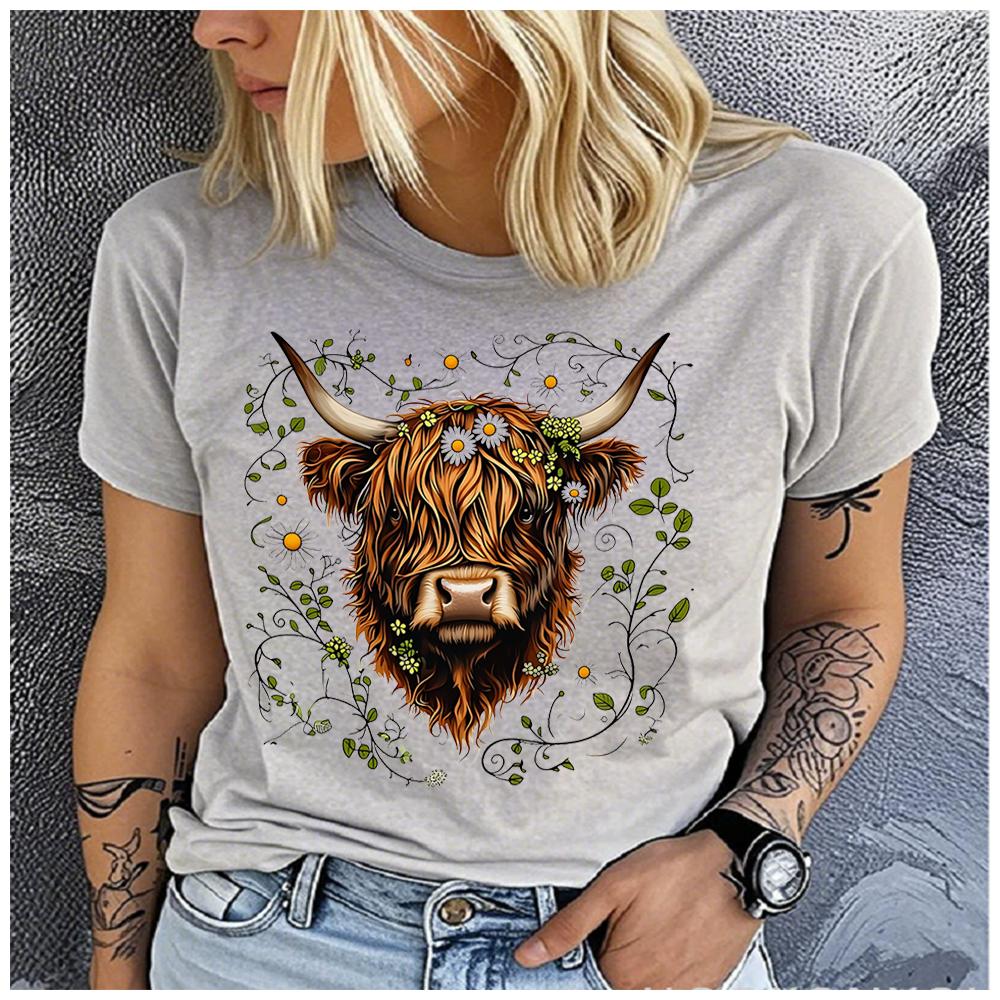 Womens Cotton Cute Yak Print Tshirt Loose round Neck Casual Short Sleeve Fashion Top Wholesale Clothing Summer