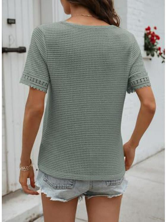 2026 Women's V-Neck Casual Waffle Knit Lace Patchwork Short Sleeve Top