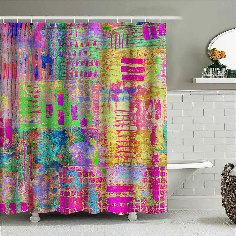 Cortina de Ducha Vibrante Tela Impermeable con Rayas Negras Acentos Multicolor para Decoración del Hogar en el Baño Tamaño Personalizable Av