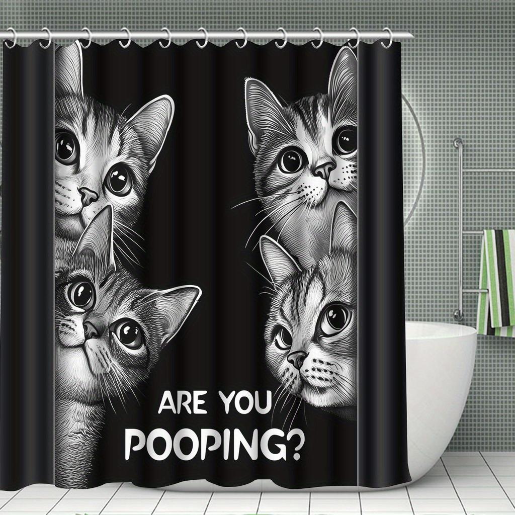 4Pcs Funny Black Cat Shower Curtain Set with Non-Slip Bath Mat, Toilet Lid Cover, Contour Rug & 12 Hooks, Bathroom Decor