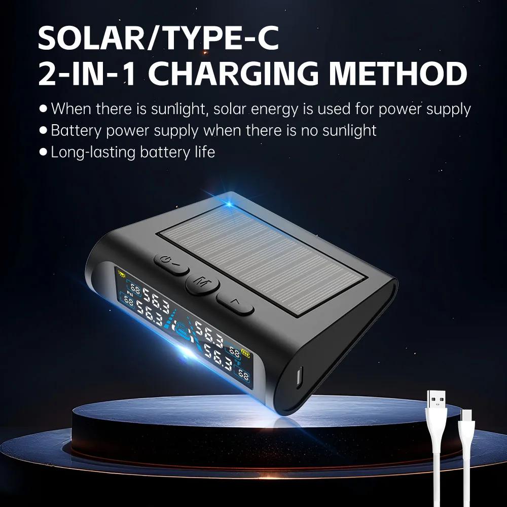USB/Solar TPMS Temperature Monitor with 4 External Sensors Digital LCD Display 0-6.8Bar T21 Tire Pressure Gauge Car Tyre Monitor