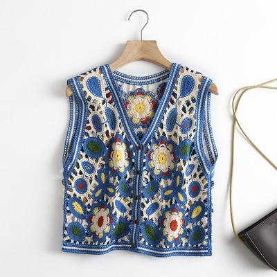 Chaleco con bordado hueco, estilo étnico retro, de punto, corto, cuello en V, cárdigan de una sola botonadura para mujer