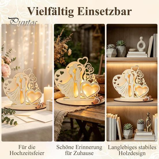 Unique Wedding Sign-in Decor Wooden Couple Ornaments with LED Lights, Romantic Statue Heart Atmosphere Lamp Design, Warm Glow Tabletop Night Light for