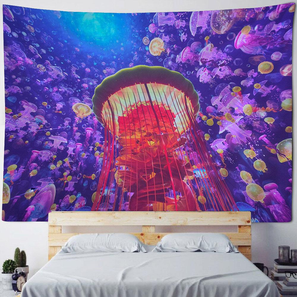 Underwater Jellyfish Wall Tapestry, Dreamy Cartoon Style, Children's Room Background Poster, Home Decoration Mural, Bed Sheets