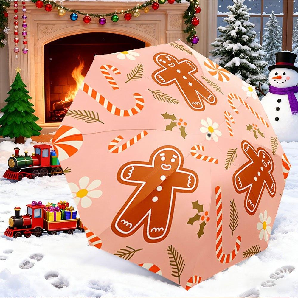 

Portable Folding Umbrella with Gingerbread Figures, Candy Canes & Holly Leaves - Automatic Open/Close, Compact Travel Umbrella (as the picture,Iron&8K)