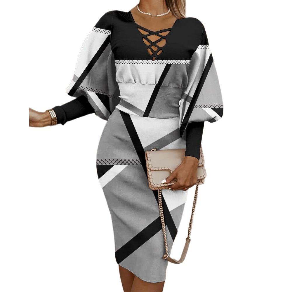 

GMXIA Женская мода лето весна повседневные платья с длинным рукавом и v-образным вырезом S