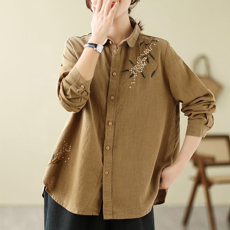 Southeast Asia Plus Size Retro Embroidered Cotton Linen Long Sleeve Shirt