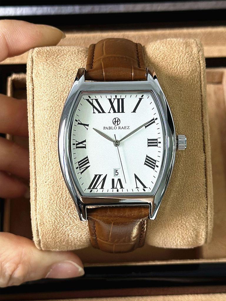 Pablo Raez Barrel Watch: Waterproof Leather Strap, Calendar, Casual Men's Style.