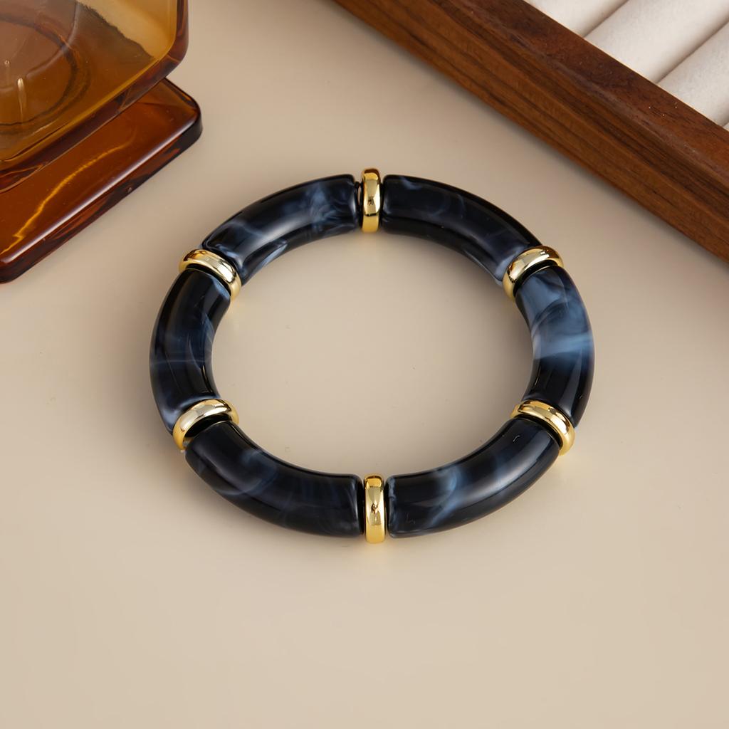 KunJoe 10 Colors Vintage Stackable Leopard Resin Acrylic Bracelets for Women Bohemian Round Tube Beaded Elastic Bangle Bracelet