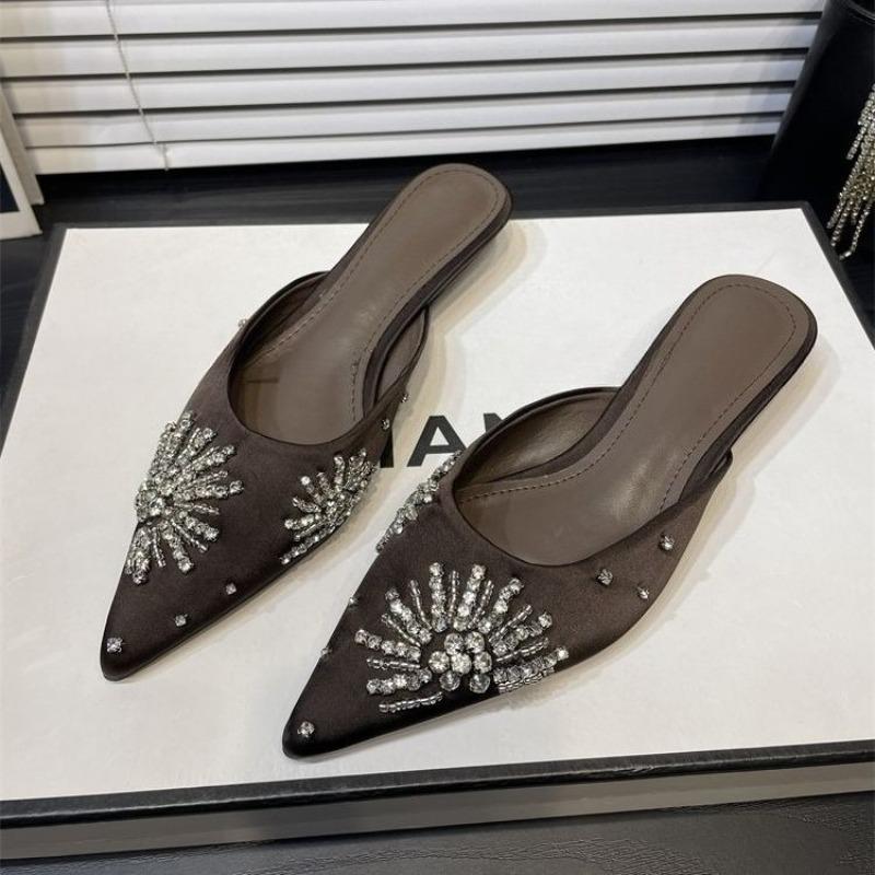 Fashion Crystal Heels Slippers Women Pointed Toe Shoes Elegant Heeled Sandals 2025 Summer Party Flip Flops New Luxury Ladies Shoes