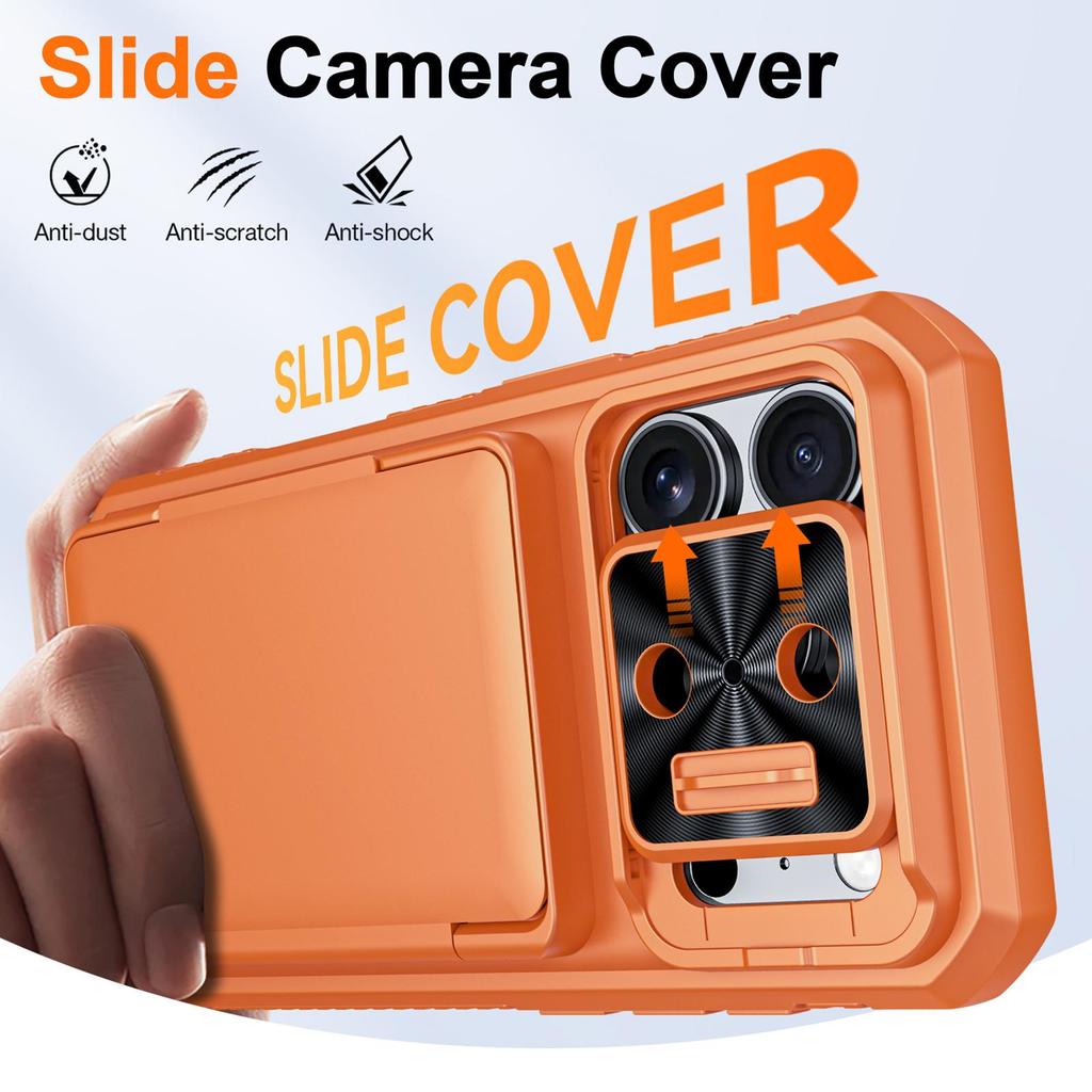Mit Kartenhalter, Schiebefach für die Kamera und Ständer für iPhone 17 Pro Handyhülle, Anti-Fall PC+TPU Wallet Case - Orange