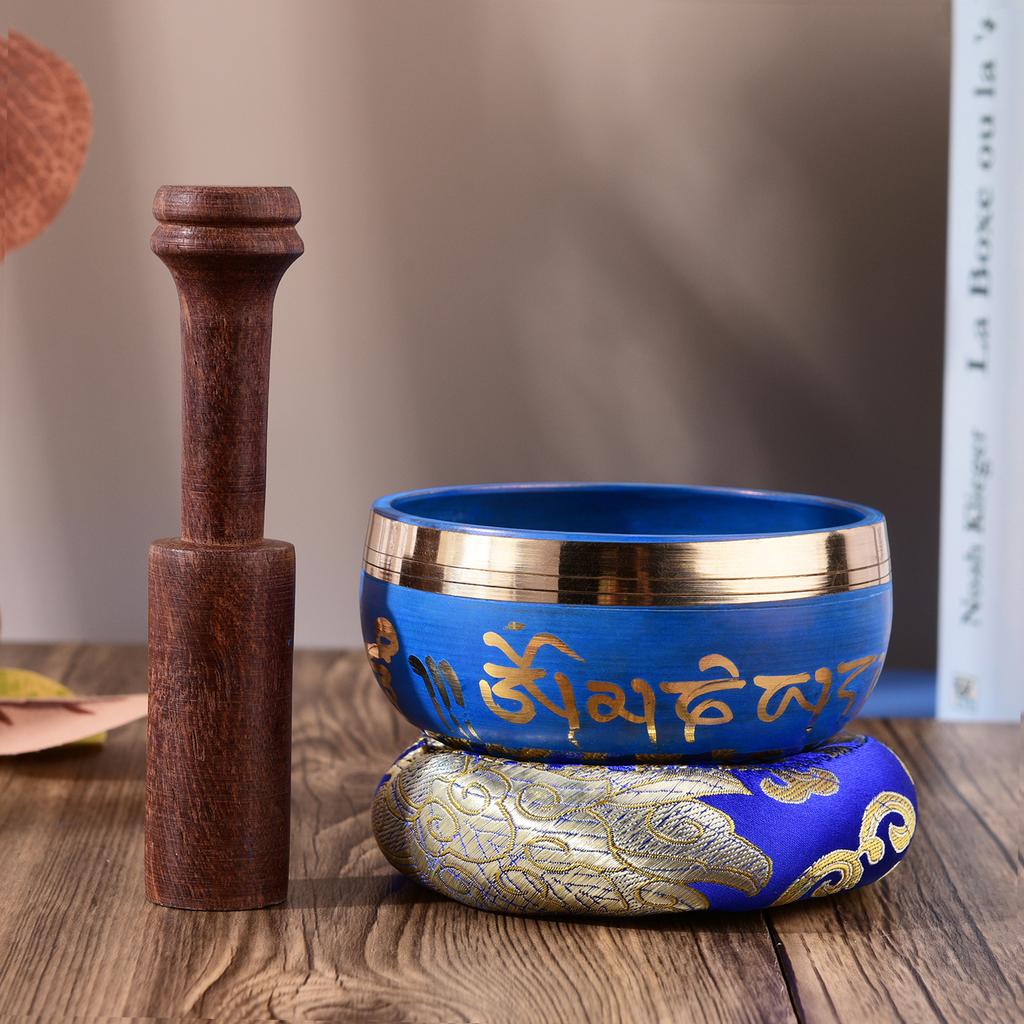 Blue Tibetan Singing Bowl Set with 9.5cm 3.7inch Handmade Metal Sound Bowl & Soft Cushion & Wooden Striker for