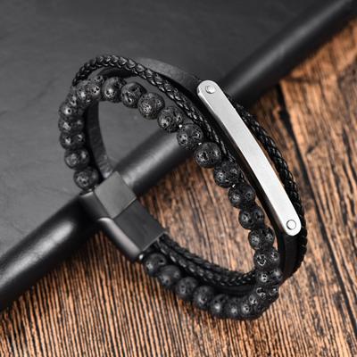 Mens Stainless Steel Beaded Bracelet With Volcanic Stone Leather Wrap Geometric Minimalist Design Daily Wear