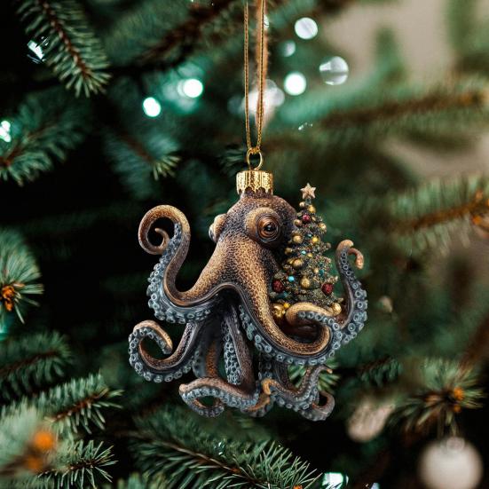 Christmas Octopus Ornament Coastal Holiday Hanging Decoration 2D Acrylic Deep Sea Xmas Tree Ornament Nautical Gift for Ocean Lovers
