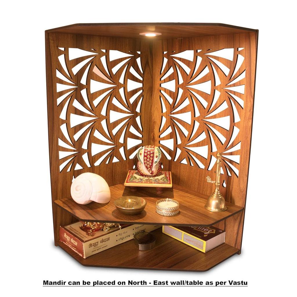 Pushp Beautiful Corner Wooden Pooja Stand Mandir for Home Temple for Office Puja Mandir for Home Wall with LED Spot Light Product