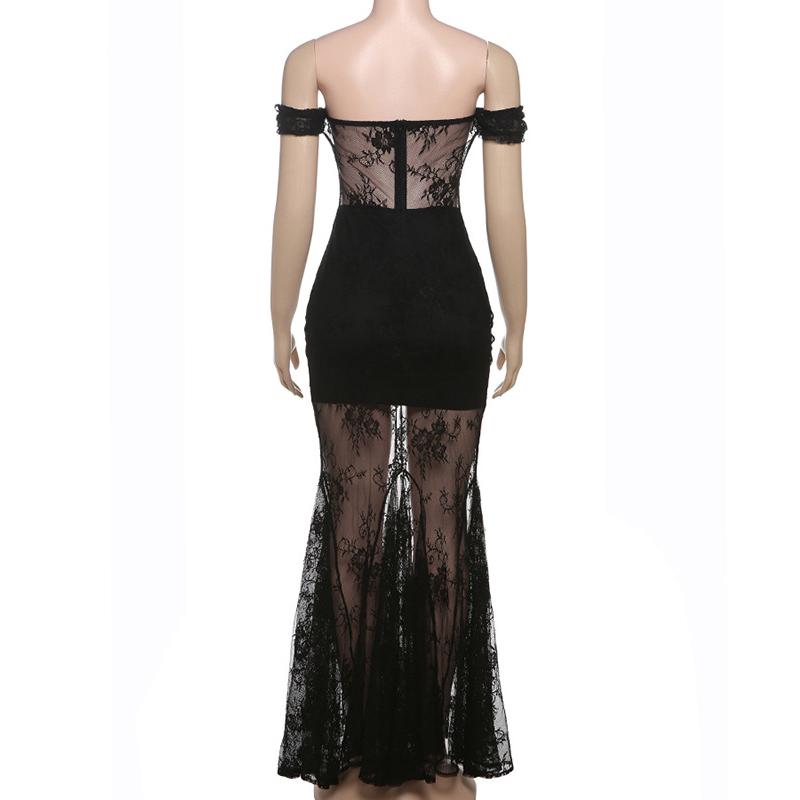 Sexy Durchsichtiges Langes Kleid Aus Spitze, Elegantes Aushöhlen, Rückenfrei, Bedrucktes Partykleid Mit Hoher Taille, Einfarbiges Maxikleid Für Damen