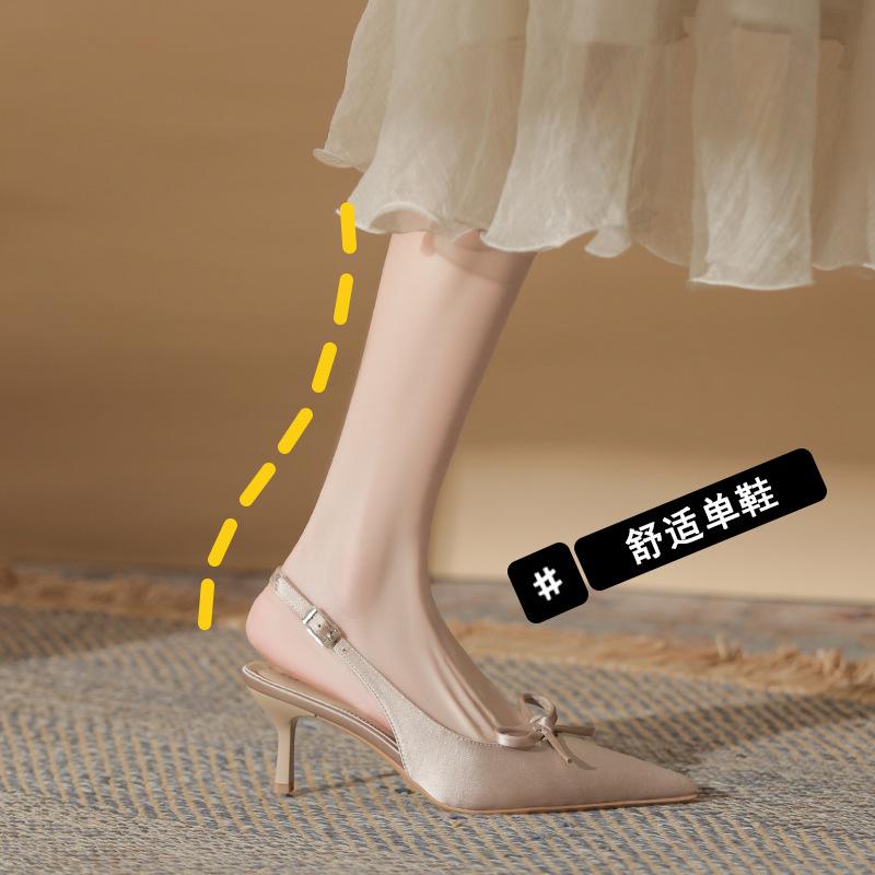 Fashion satin fabric New year's new bow pointed back empty stiletto women's single shoes versatile sandals