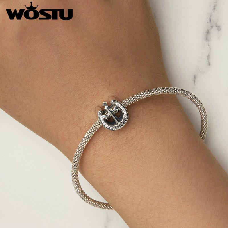 WOSTU 925 Sterling Silver Cross Horseshoe Guardian Charm Beads Fit Original Bracelets Women DIY Jewelry