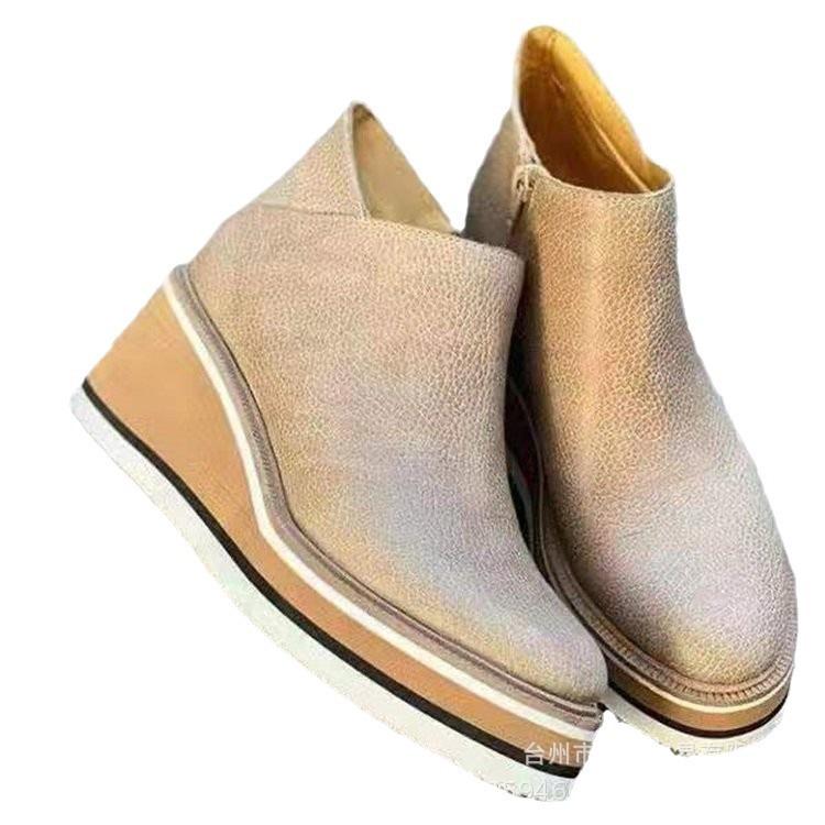 Large Size Slope Heel Short Boots Women's Autumn and Winter New European and American Flat Bottom Side Zipper Round Head Solid Color Bare Boots