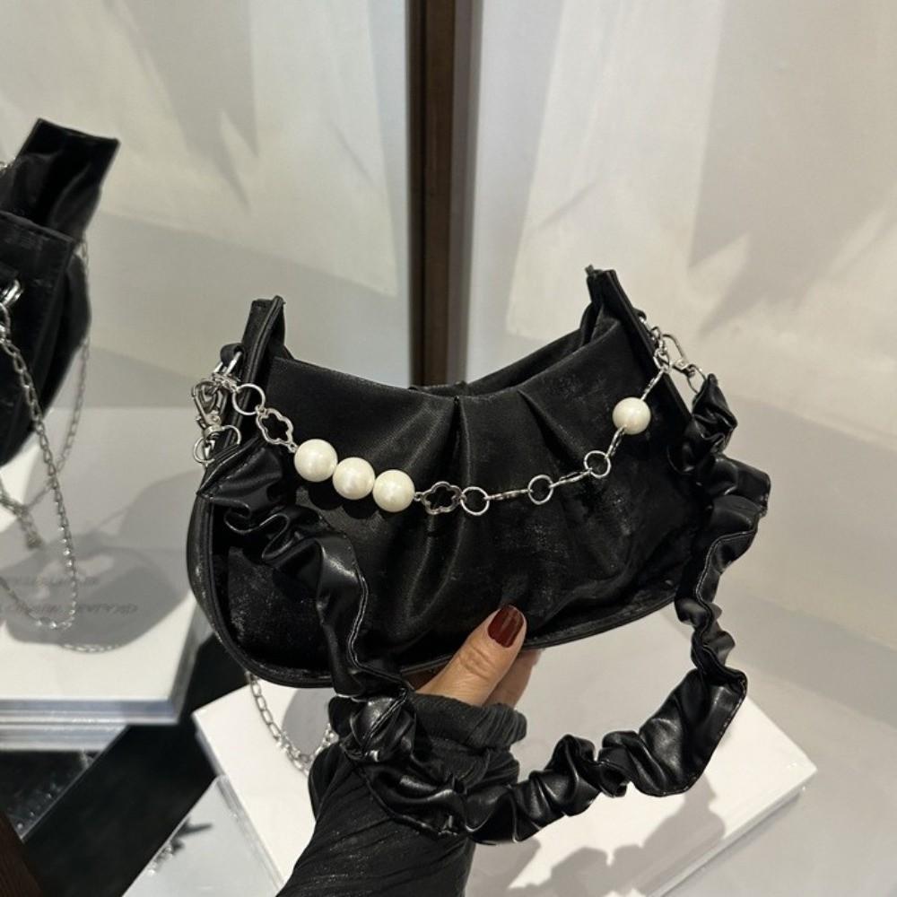 PU Leather Pearl Chain Crossbody Bag Korean Style Pleated Handbag Cloud Shoulder Bag Office Worker