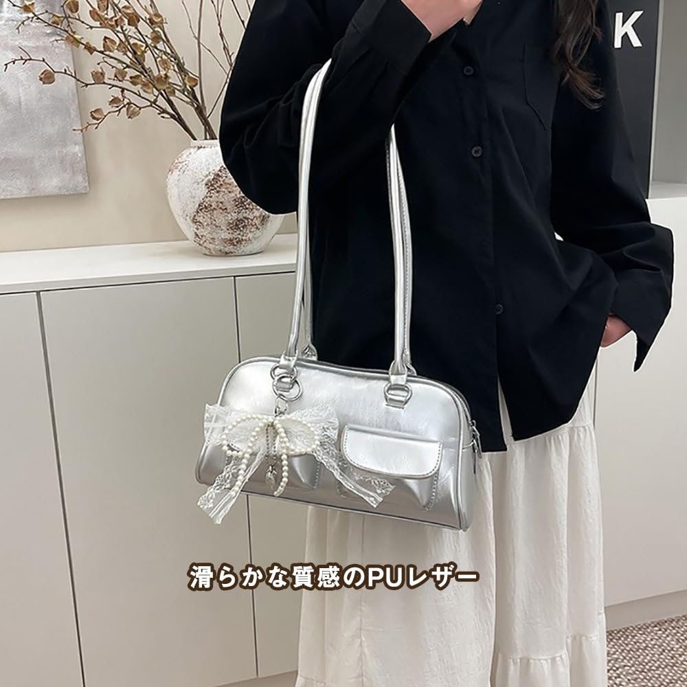 LIKENNY Ribbon Boston A4 Large Horizontal Ribbon and Bow Shoulder Cute Bag, Size, Capacity, Design, Women's Bag, Popular, Stylish, (Silver)