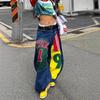 Damen High Waist Patch Print Baggy Weite Beine Jeans Micro Stretch Schwer Gewaschener Denim Bodenlang Hip Hop Streetwear Lässige Hose S-3XL