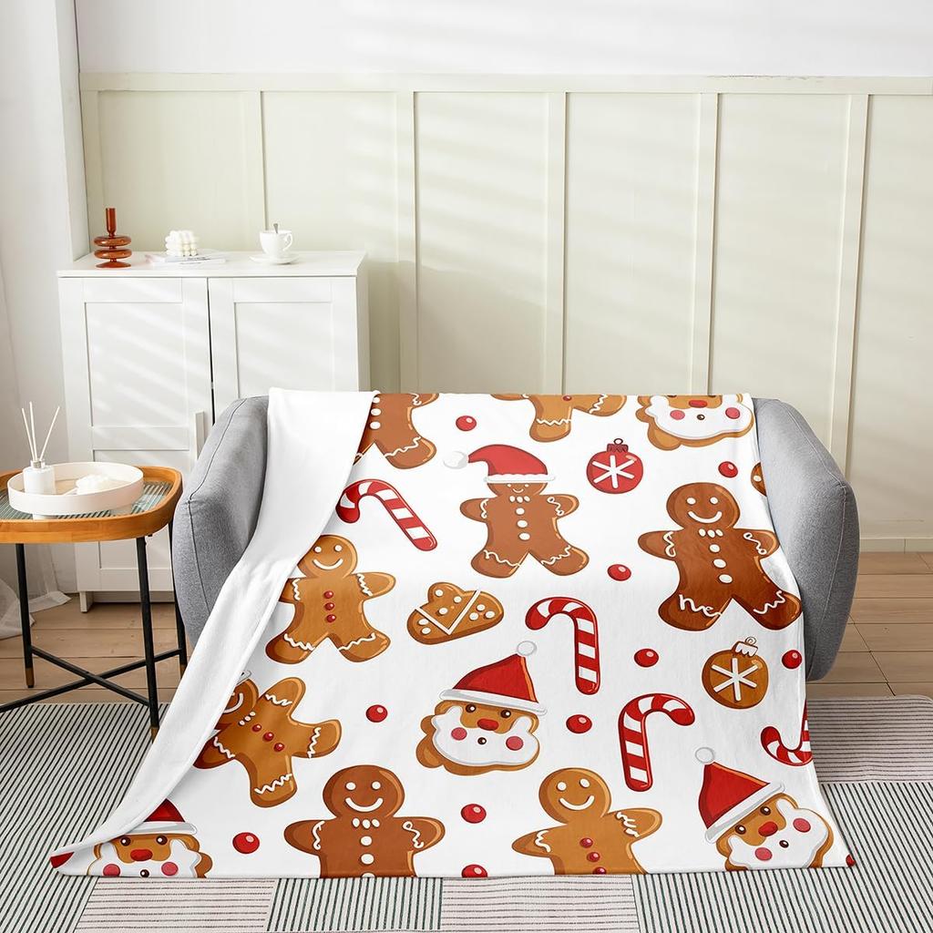 Gingerbread Xmas Flannel Blanket Blue Christmas Tree Candy Throw Blanket Western New Year Theme Cozy Throws for Bed Couch Sofa